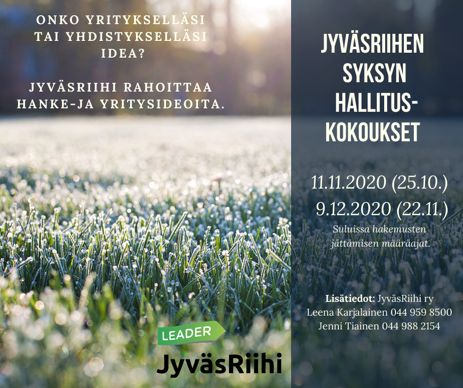 JyväsRiihi rahoittaa hanke- ja yritysideoita; hallituskokoukset 11.11.2020 ja 9.12.2020, hakemusten määräajat 25.10. ja 22.11.